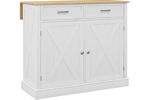 HOMCOM Rolling Kitchen Island with Drop Leaf Wood Breakfast Bar, Farmhouse Kitchen Cart with 2 Drawers, Adjustable Shelves for Dining Room, White