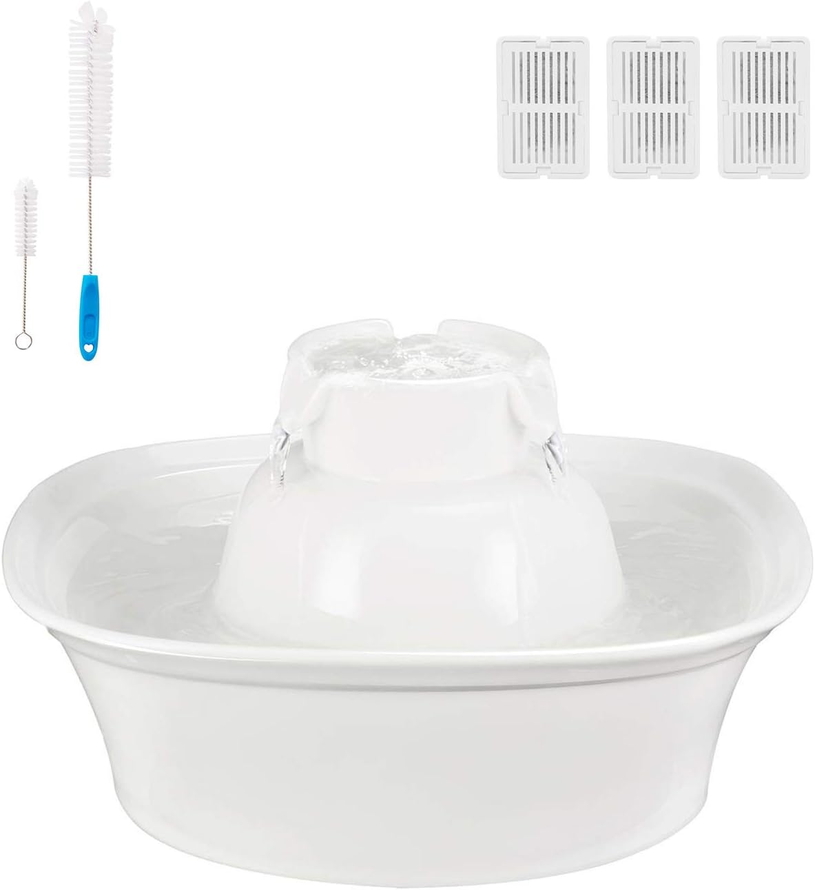 Cat Water Fountain Porcelain Pet Fountain Hygienic and Easy to Clean Ultra Quiet Cat Water Dispenser with 3 Activated Carbon Filters and Sponge Foam Pre-Filter