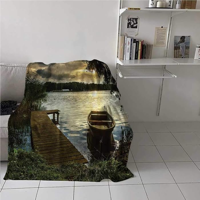 painting-home Breathable Blanket Seascape, Boat at The Lake Sunbeams Lightweight Summer Blanket for Kids Couch Sofa 30 x 40 Inch
