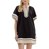 Esmeling Women's Color Block Pullover Dress V-Neck Puff Sleeve Mini Dress with Pockets