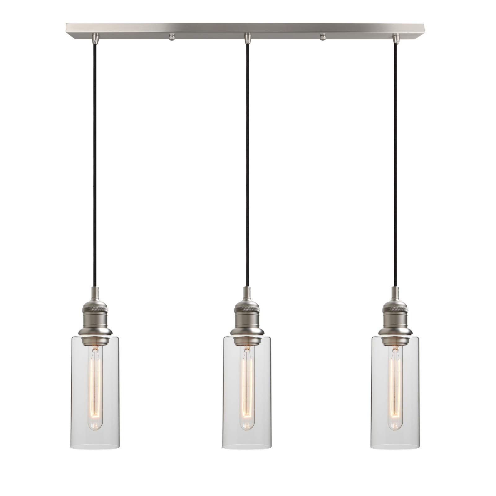 Yosoan Industrial Vintage Loft Bar Chandelier 3 Way Pendant Light Fittings Glass Shade, Hanging Cluster Ceiling 3 Lights Fixture for Kitchen Dining Room Living Room Restaurant (Brushed)