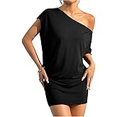 SOLY HUX Women's Off The Shoulder Mini Dress Going Out Asymmetrical Neck Short Sleeve Casual Bodycon T Shirt Dresses