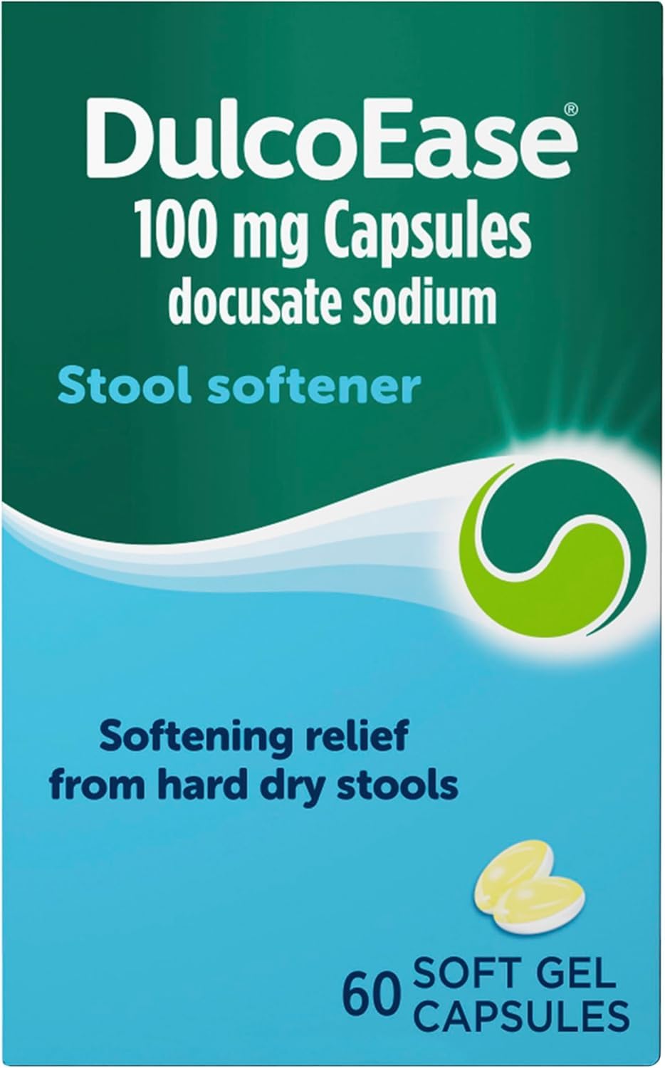 DulcoEase 100 mg Docusate Sodium Capsules - Softening Constipation Relief - Pack of 60 Soft Gel Capsules - Stool Softening Laxative