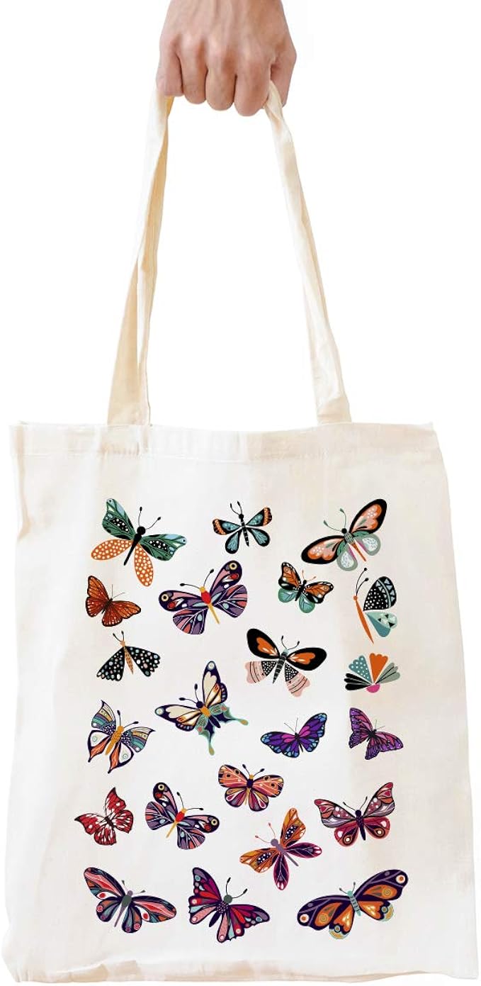 Amazon かわいい蝶をテーマにした天然コットンを使用した再利用可能なトートバッグ かわいい蝶のプリント 環境に優しいコットントートバッグ 学校 ショッピング ショルダーバッグ 女の子 女性 男性 友人へのギフトに Forbiddenpaper エコバッグ 買い物バッグ