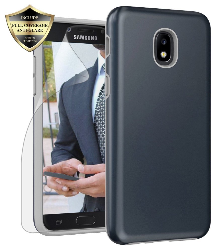 Samsung Galaxy J3 2018 Case, J3V 3rd Gen, J3 Star, Express Prime 3,J3 Achieve, Amp Prime 3 Case, Androgate Hybrid Matte Protective Cover Case with Full Coverage TPU Screen Protector,Dark Blue