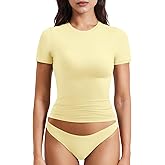 YEOREO Women Fitted Workout Tops Short Sleeve Double Lined Basic Y2K Going Out Crew Neck Compression Crop Top