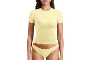 YEOREO Women's Double Lined Fitted Basic Tops Casual Short Sleeve Crew Neck T Shirt Sweeney Y2K Going Out Tee Tops