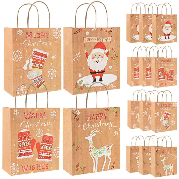 Gwhole Pack of 12 Paper Gift Bags with Handle Christmas Pouches - 26cm x 21cm x 10cm