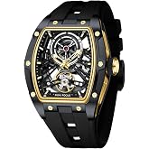 MF MINI FOCUS Unique Men Watches,Automatic Mechanical Watch,Luxury Hollow Tonneau Watches for Men with Stainless Steel Case and Silicon Band (Self-Wind Movement/5ATM Waterproof/Super_Luminous)