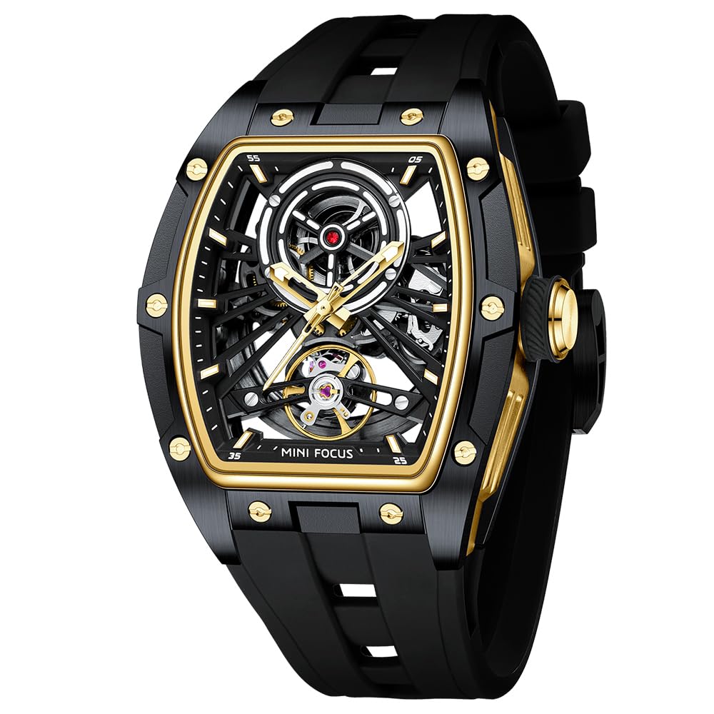 MF MINI FOCUS Unique Mens Watch, Automatic Mechanical Watch, Luxury Horo Tonneau Watch, Stainless Steel Case and Silicone Band (Automatic Movement / 5ATM Water Resistant / Superluminous), gold black
