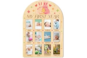 ORIGACH My First Year Baby Growth Photo Display Wood Board - 12 Months Newborn Milestones Photo Board - Neutral Baby Keepsake
