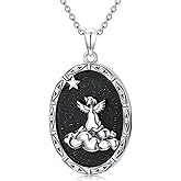 Reaii Natural Blue Sandstone Angel Dog Pendant Necklace for Women 925 Sterling Silver Genuine Blue Sandstone Jewelry Gifts for Dog Lovers