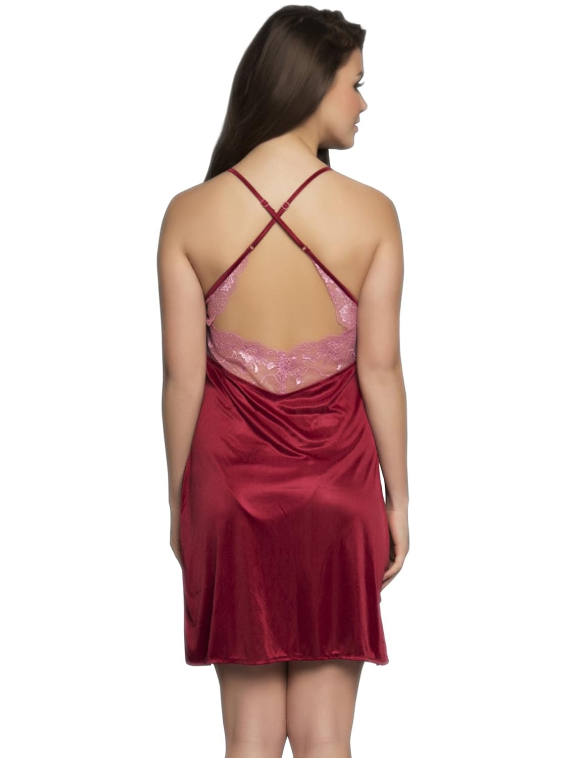 clovia women's 2 pc premium satin nightwear in maroon with lace