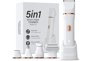HOHOLE 5-in-1 Bikini Trimmer for Women, IPX7 Waterproof Electric Razors Shaver, Cordless Body Hair Trimmer, Facial & Pubic Hair Removal, Ceramic Blade (White)