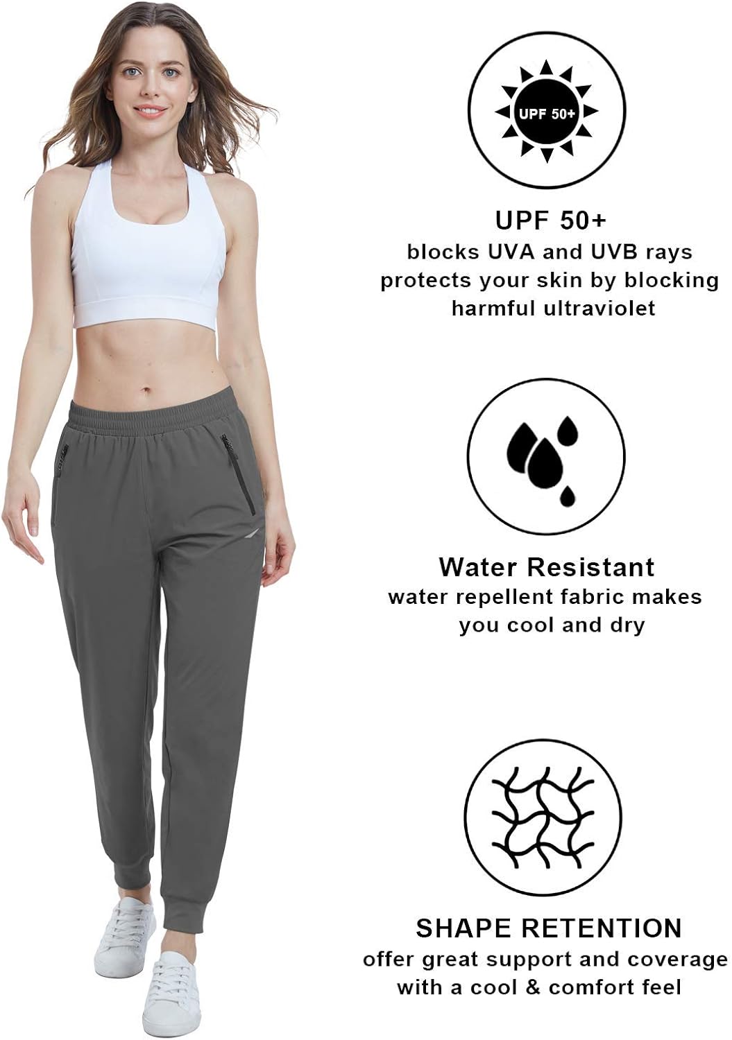 VAYAGER Women's Hiking Athletic Joggers Pants Running Sweat Pants Quick Dry Zipper Pockets Lightweight UPF 50+: Clothing