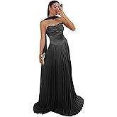 Rjer Strapless Bridesmaid Dresses with Scarf Satin and Chiffon A-Line Ruched Pleated Wedding Guest Dress Long for Women
