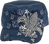 Crystal Case Womens Cotton Rhinestone Fleur de Lis Cadet Cap Hat (Denim Blue)