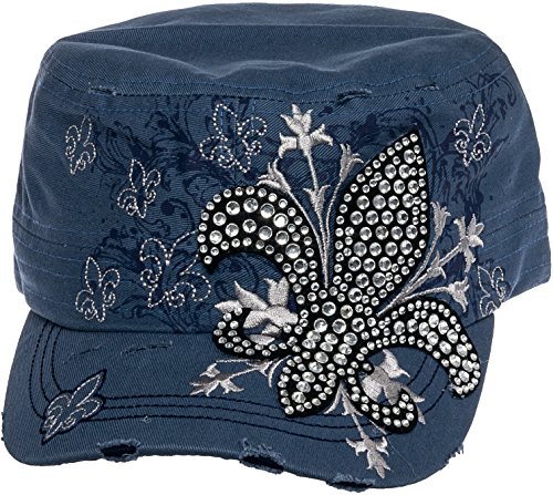 Crystal Case Womens Cotton Rhinestone Fleur de Lis Cadet Cap Hat (Denim Blue)