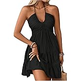 SOLY HUX Women's Summer Mini Dress Halter Backless Sleeveless A Line Ruffle Hem Flowy Cami Dresses Sundress