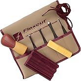 FLEXCUT SK130 5-Piece Lino &amp; Relief Printmaking Set, Carbon Steel Blades (SK306, SK309, SK803, SK307), Quick Connect ABS Handle, Tool Roll, Strop &amp; Honing Compound &ndash; 12 oz, Made in USA