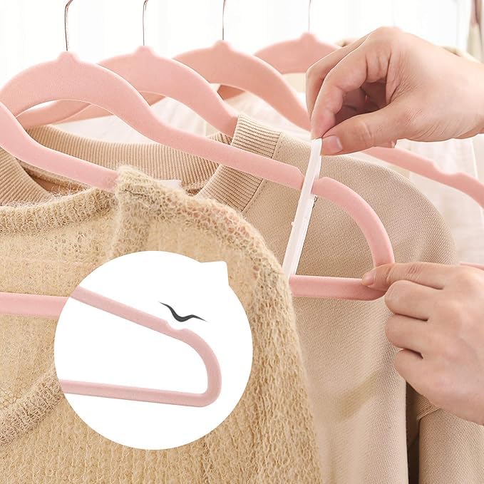 HilmGear Velvet Hangers, Set of 50 Packs Clothes Hanger with Rose Gold Swivel Hook, Non-Slip, and Space-Saving, 0.2-Inch Thick, 17.1-Inch Long for Coat, Shirt, Dress, Pants, Tie (Pink, One Size)