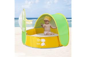 FBSPORT Baby Beach Tent, Ball Pit Tent Paddling Pool for Kids, Baby Play Pool Tent, 50+ UPF Protection Sun Shade with Basketball Hoop- Balls Not Included