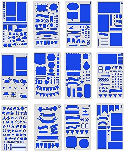 ZJKOO Bullet Journal Stencil Plastic Planner Stencils Journal/Notebook/Diary/Scrapbook DIY Drawing Template Stencil (4x7 Inch, 12 Pieces)