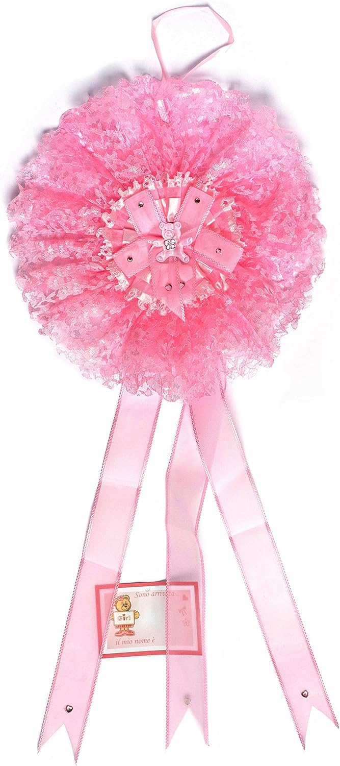 BM Ricami - Baby Girl Pink Bow in Lace, Organza and Rhinestones - Size XL 27X60cm