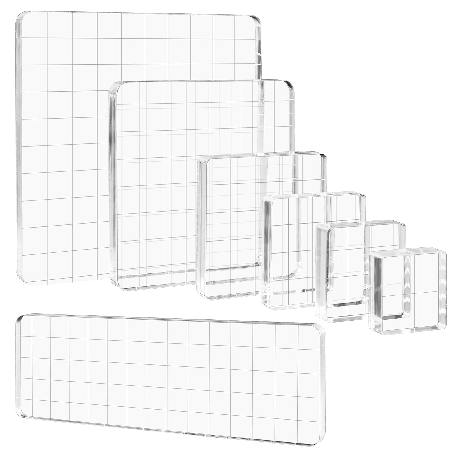 Briartw 7 Pieces Acrylic Stamp Block Clear Stamping Tools Set with Grid Lines for Scrapbooking Crafts Card Making,Clear Acrylic Stamp Block Kit with Grid Lines,Assorted Sizes,Thickness 8mm