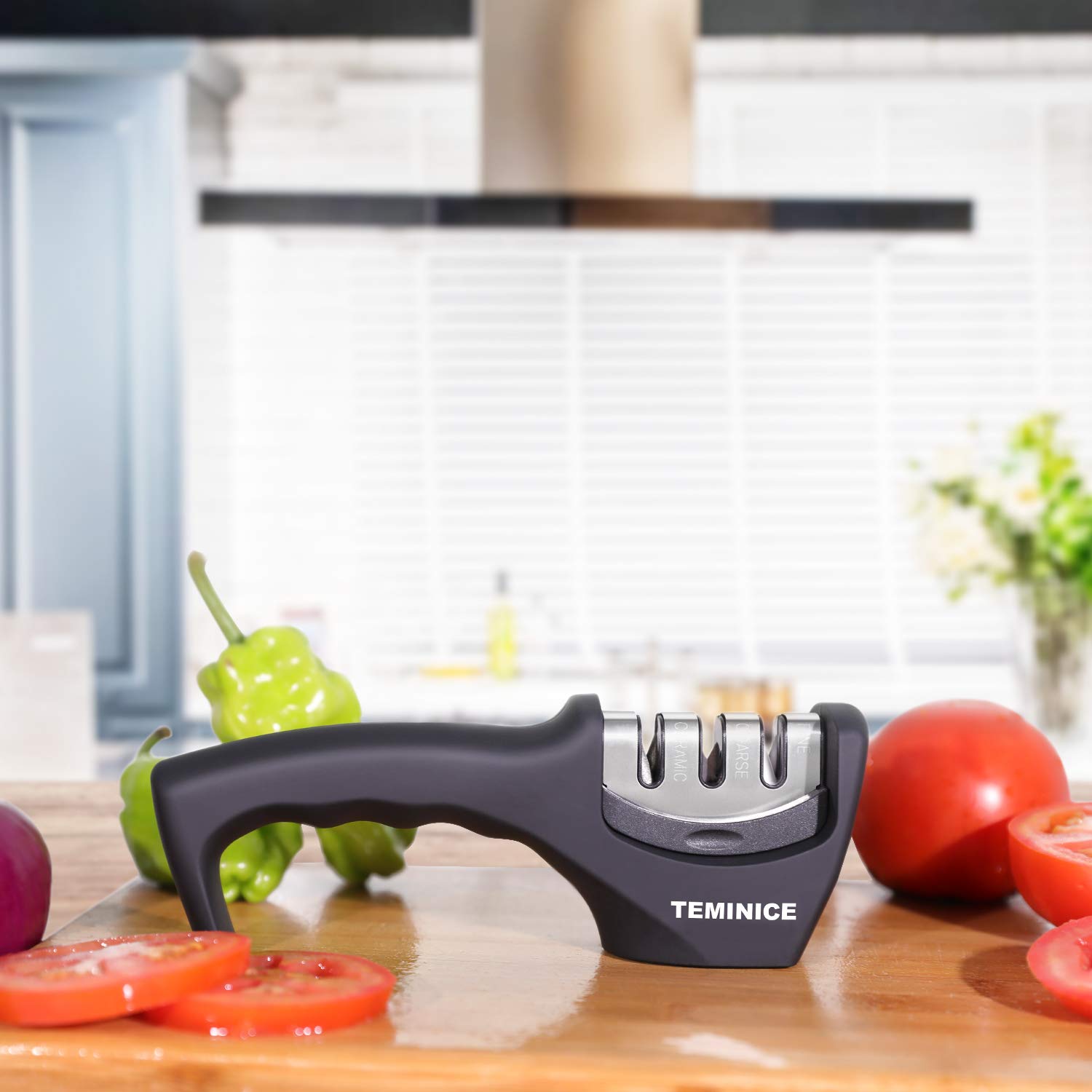 Kitchen Knife Sharpener - 3-Stage Knife Sharpening Tool Helps Repair, Restore and Polish Blades, 3 Sharpening Process, Non-Slip and Ergonomic Design with a Stylish Black/Chrome Finish