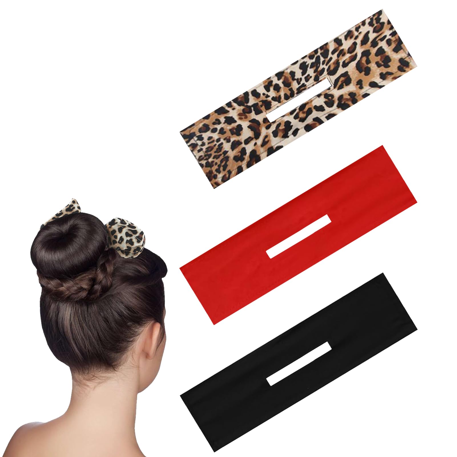3PCS Hair Bun Maker French Deft Bun Hair Reusable Hair Bun Accessories Lazy Hair Curler Hair French Twist Bun Makers for Hair for Women Girls(Red,Black,Leopard)