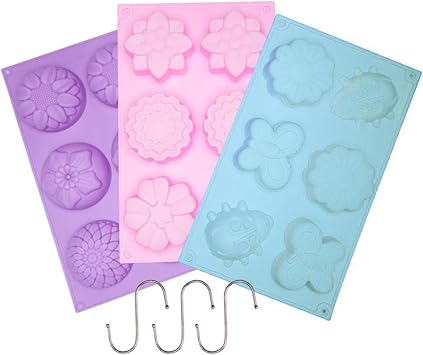 Amazon Tebery 6穴 シリコン製 花 石鹸型 カップケーキ 裏張り 型 マフィン型 ハンドメイド 石鹸 シリコン型 Sフック3個付き パープル ブルー ピンク 3個パック Tebery 飴 チョコレート型