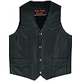 Daniel Smart Leather Vests for Kids Premium Cowhide Black Leather Vest with Unique V-Neck Design & Multiple Pockets