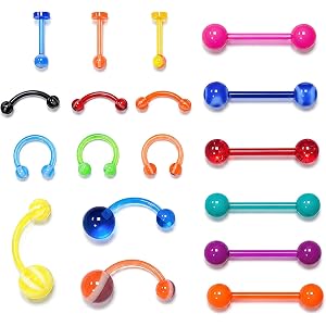 Soziprix 15PCS Colored Acrylic Body Piercing Jewelry Set, Flexible Plastic Belly Button Rings, Tongue Rings, Lip Rings, Eyebr