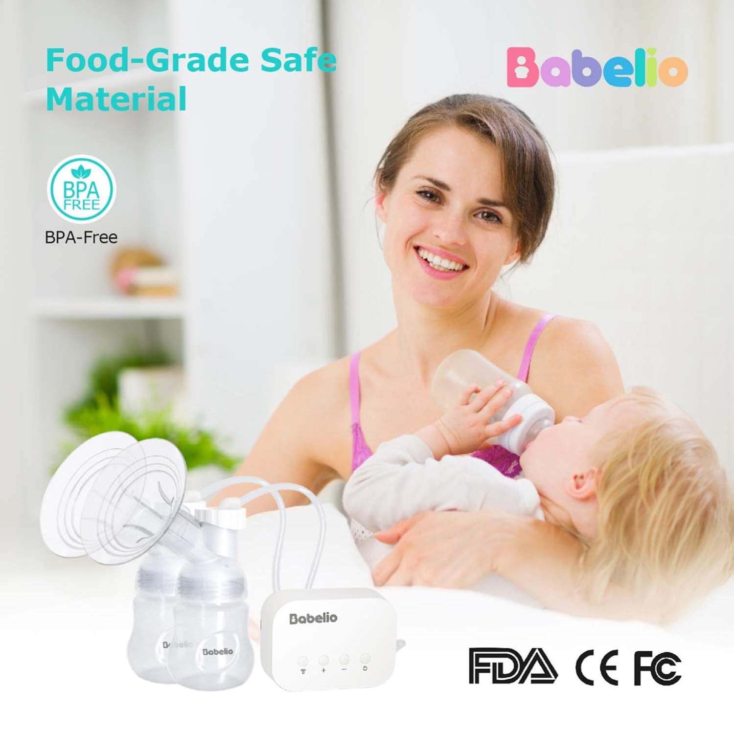 Double Electric Breast Pump By BABELIO, Portable Milk Pump w/ 2 Modes, 12 Levels, Strong Suction Power, Memory Function, Super Quiet and Rechargeable : Baby