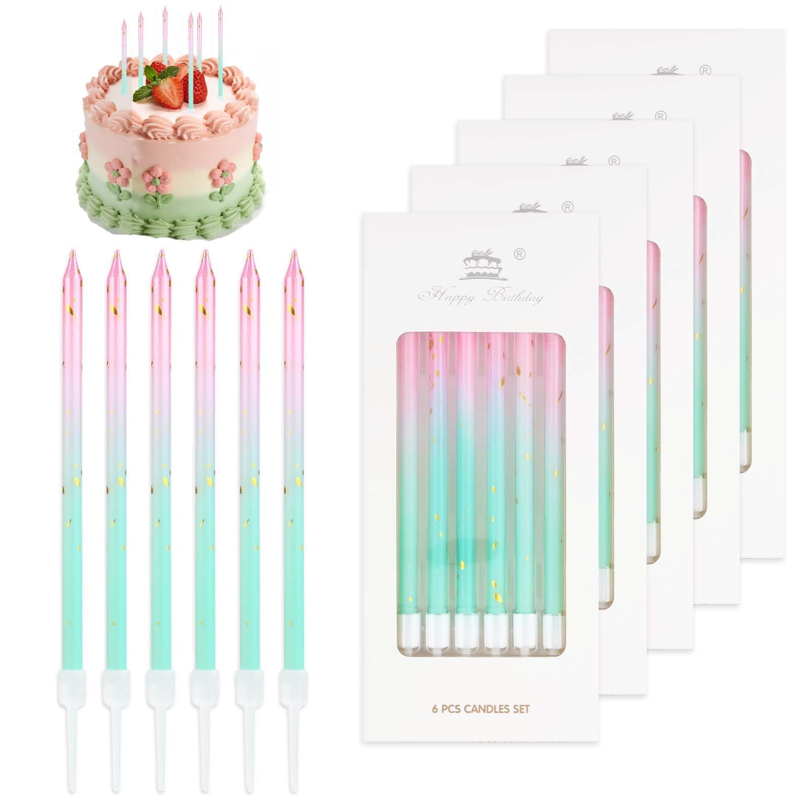 36PCS Birthday Cake Candles, Birthday Candles for Cakes, 5.28inch Long Pink Green Candle with Holders, Gold Dots Candle Use for Birthday Party Decorations and Anniversary Celebrations