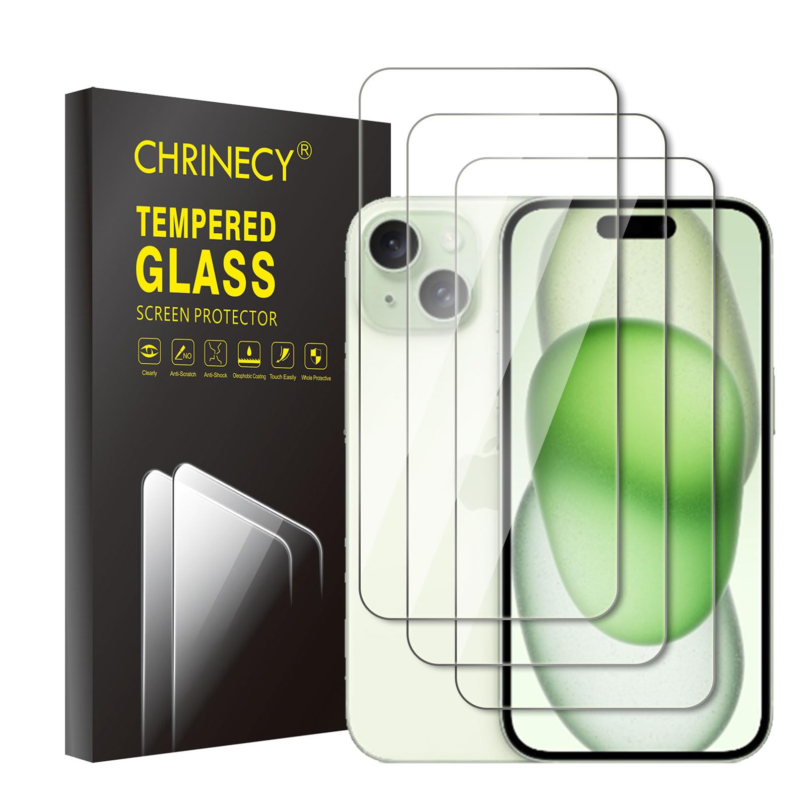 CHRINECY 3 Pack Screen Protector for iPhone 15, High Transparency Tempered Glass Protection Film, 9H Hardness, Case Friendly, Anti-Scratch, Easy Installation — image 1