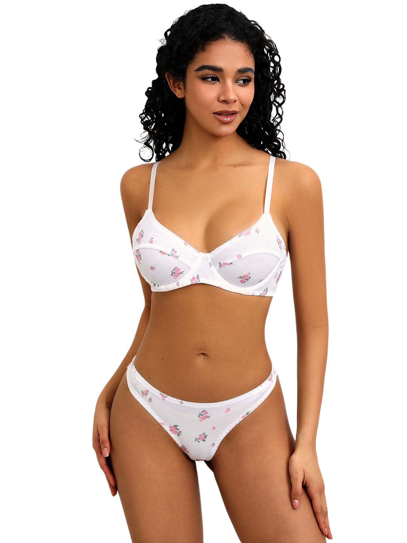 Photo 1 of SweatyRocks Women's Satin Heart Print Triangle Bra and Panty 2 Piece Lingerie Set Floral White M