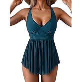 Aidonger Women's One Piece Swim Dress Swimsuit Tummy Control Mesh Swimdress V Neck Bathing Suit Skirt Tie Back Swimwear