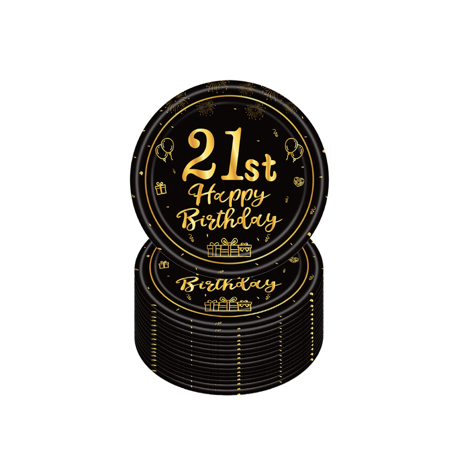 Happy 21st Birthday Paper Plates, 7” Black & Gold, 16 Pcs Disposable Party Plates for Him, Her & Kids