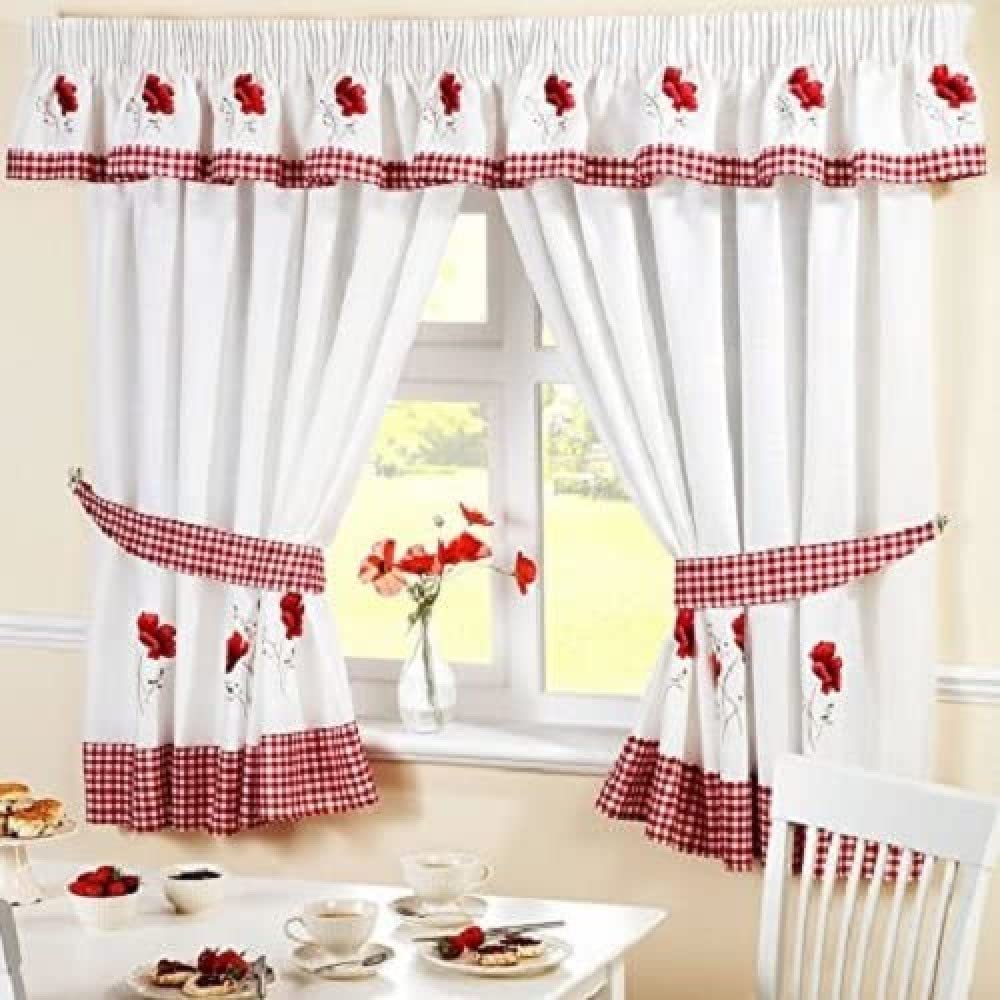 HomeSpace Direct Embroidered Floral Gingham Checked Poppies Pencil Pleat Kitchen Curtains and Tiebacks, Red, 46 x 54-Inch