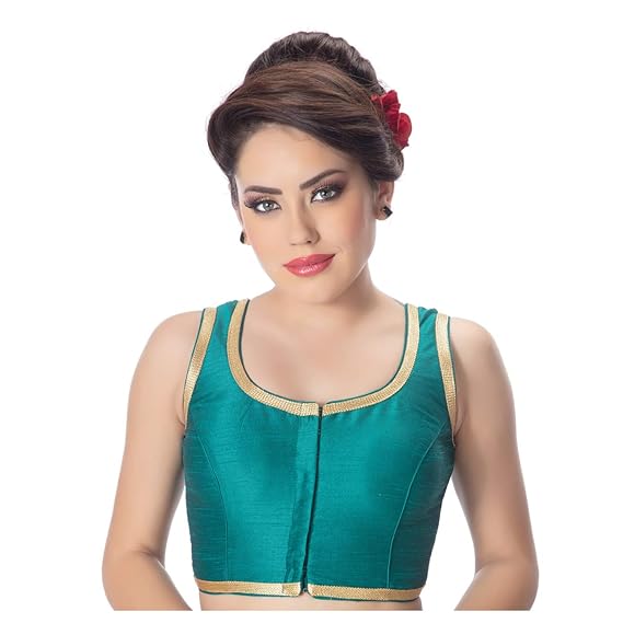 Womens Plain Dupion Silk Golden Lace Princess Cut Designer Padded sleeveless Readymade Saree Blouse