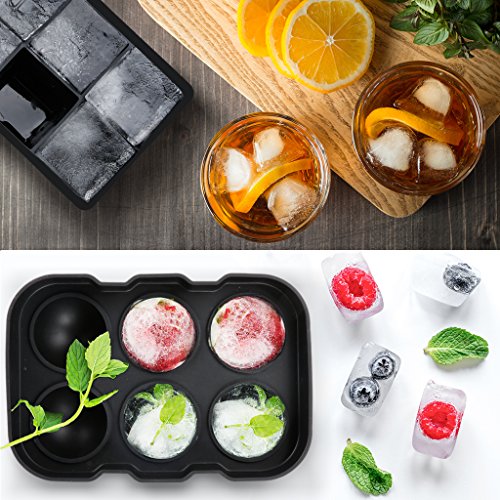 Finether Set of 2 Silicone Ice Cube Trays, Easy-Release Whisky Ice Ball Maker Large Square Ice Cube Mold, FDA Approved Eco-friendly Reusable for Kitchen Freezer Refrigerator Bourbon Cocktails, Black