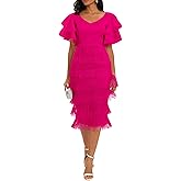 VERWIN Women's Fringe Maxi Dress High Waist V Neck Tiered Tassels Dress Ruffles Sleeve Bodycon Prom Dress