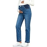 BLENCOT Women's Maternity Jeans Mid-Rise Elastic Waist Pregnancy Work Pants Ripped Leg Jean Pockets S-2XL