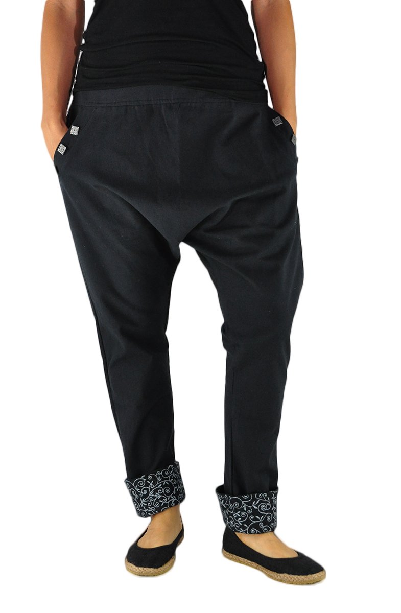 virblatt - Harem Trousers for Women | Cotton | Wide Leg Trousers Drop Crotch Genie Pants Trousers Harem Pants Hippy Yoga - Pai Nepal L-XL Black