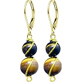 Natural Two Stone Beads Dangle Earrings,14K Yellow Gold Real Quartz Crystal Gemstone Drop Earrings Beading Jewelry for Women