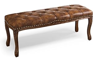 Cozyman Bedroom Bench, French Vintage Tufted Leather Bench, 45.2" Carving Upholstered End of Bed Bench with Distressed Wood Legs, Faux Leather Ottoman Bench for Living Room, Dining Room, Brown