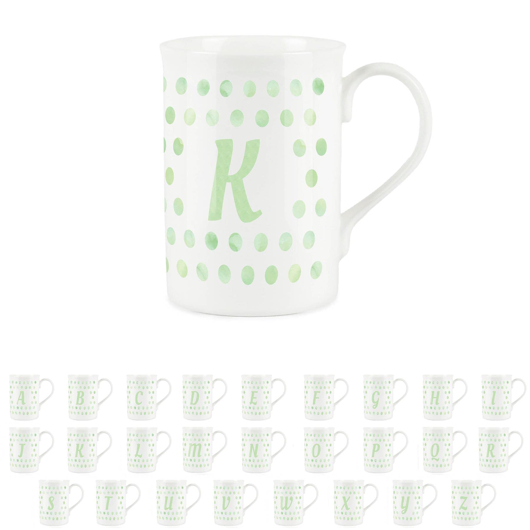 Purely Home Green Polka Dots Spots Letter K Mug - Fine Bone China Alphabet Initials Gift/Present Mug