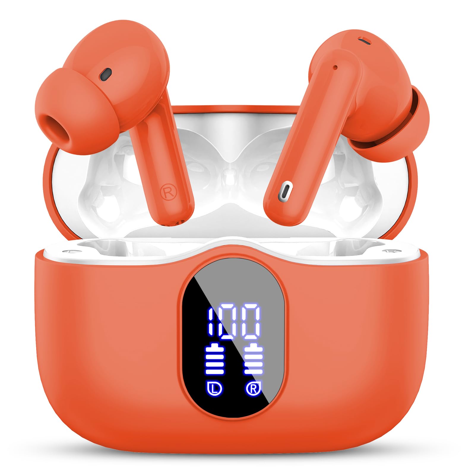 Wireless Earbuds, Bluetooth 5.4 Headphones Bass Stereo, Ear Buds with Noise Cancelling Mic, LED Display in Ear Earphones Clear Calls, IP7 Waterproof Bluetooth Earbuds for Laptop/Phones/Sports, Orange Image